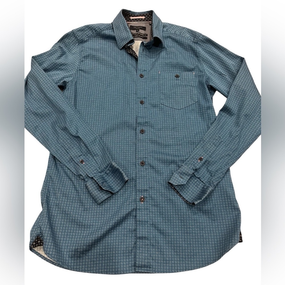 [3/M]Ted Baker Teal Patterned Stretch Shirt